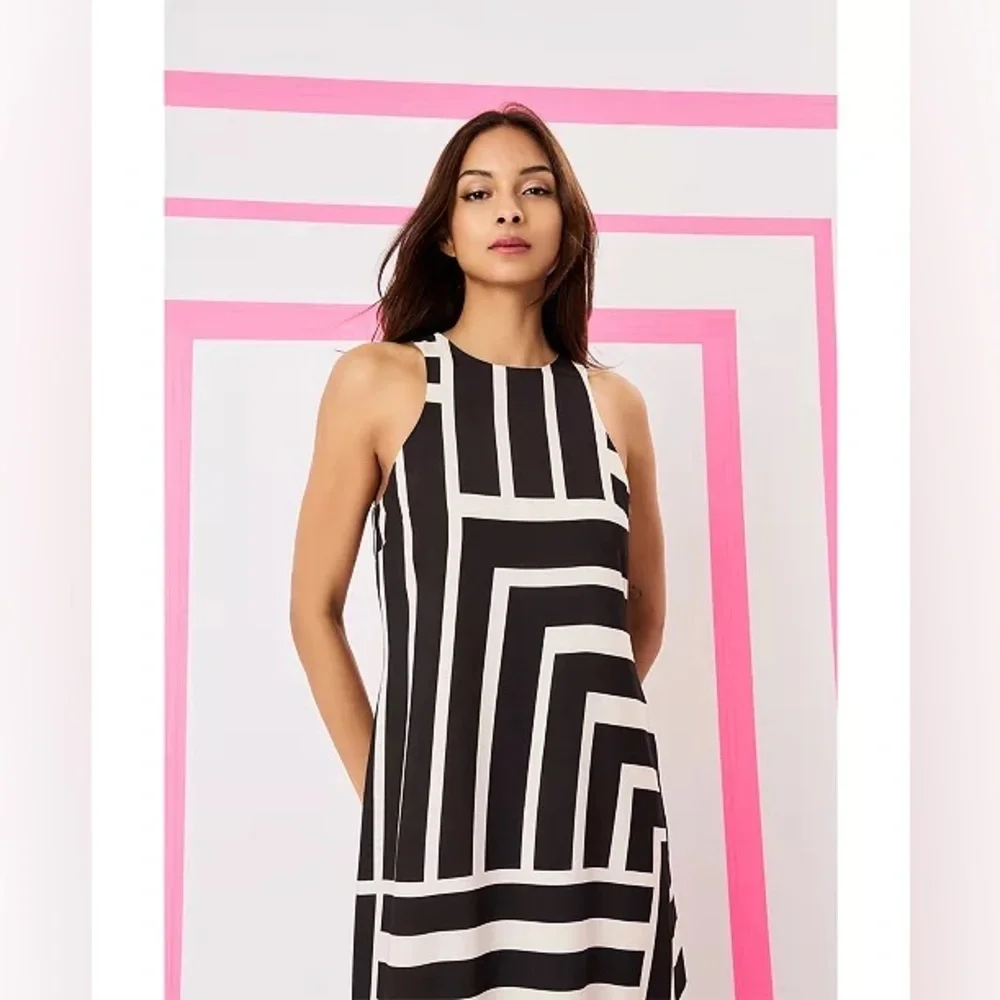 NWT Donna Morgan Black Cream Geometric Stripe Maxi Dress Sz 2 Sleeveless A-Line - Picture 4 of 12